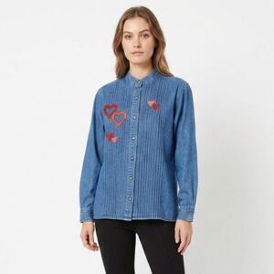 Sun Belt Denim Womens Blue Denim Red Heart Pintuck Detail LS Vintage Shirt Sz XL